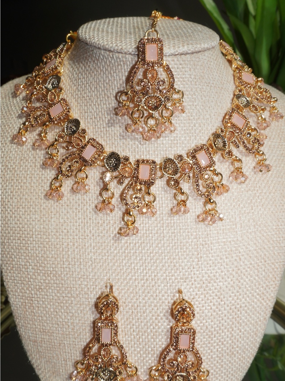 Elegant Pink and Gold Filigree Necklace & Earring Set
